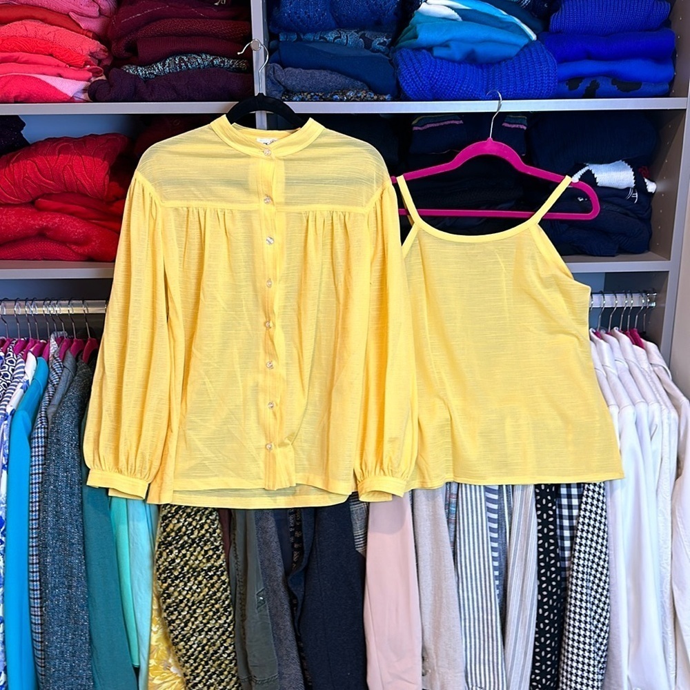 Vintage 70’s yellow long sleeve button down shirt and camisole set size L​